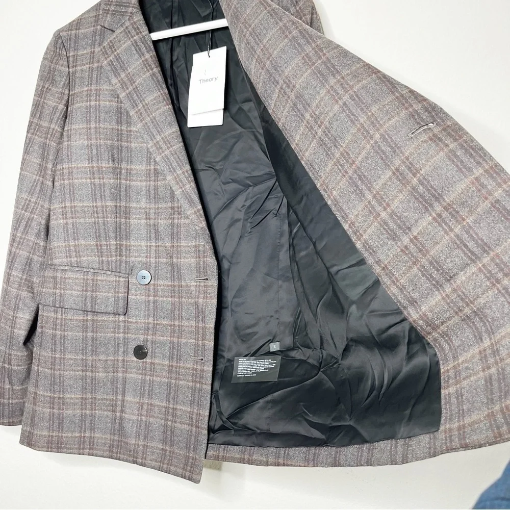 NWT Theory Piazza Plaid Double Breasted Blazer Jacket Multi Griffin Virgin Wool
